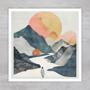 Panneau de tissu de courtepointe coucher de soleil montagne minimaliste bohème A125, bloc de courtepointe à coudre artisanal en tissu carré, carré de courtepointe, panneau d'appliques de vêtements