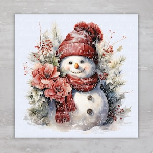 Traditional Christmas Winter Snowman Fabric Panel A186, Fabric Craft Sewing Quilt Block, Quilting Square, Clothing Applique Panel