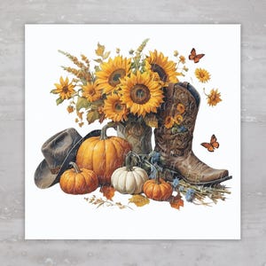 Fall Country Sunflower And Boots Fabric Panel A59, Square Quilt Fabric, Craft Sewing Quilt Block, Quilting Square, Applique Panel, Crafts
