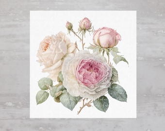 May include: A bouquet of pink and white roses with green leaves. The roses are arranged in a cluster, with the pink roses in the center and the white roses on the outside.