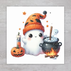 Halloween Ghost Caldron Quilt Fabric Panel Square A1, Quilting Fabric Block For Sewing, Upcycled Clothing, Pillows, Bags, Junk Journals