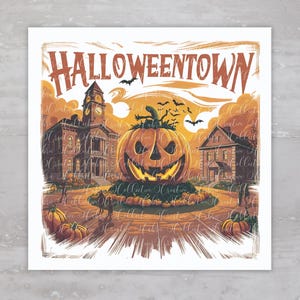 Scary Halloween Village Fall Pumpkin Fabric Panel A11, Quilting Fabric Block For Sewing, Upcycled Clothing Applique, Pillows, Junk Journal