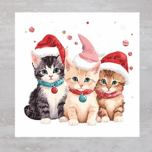 Santa Hat On Cute Christmas Kittens Fabric Panel A396, Quilting Square, Quilt Sewing Block, Clothing Applique Panel Junk Journal Fabric