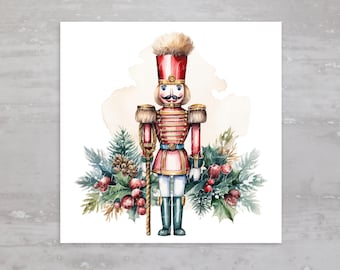 May include: Watercolor painting of a red and gold toy soldier with a blue and white uniform, holding a stick. The soldier is surrounded by green holly and red berries.