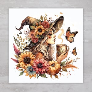 Halloween Sunflower Coffee Boho Witch Fabric Panel A98, Square Quilt Fabric Craft Sewing Quilt Block Quilting Square Clothing Applique Panel