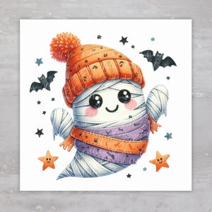 Halloween Mummy Ghost & Bats Quilt Fabric Panel A2, Quilting Fabric Block For Sewing, Upcycled Clothing, Pillows, Bags, Fabric Junk Journals
