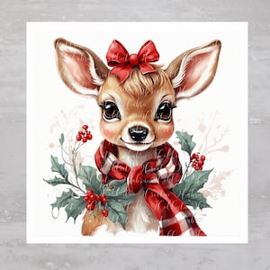 Christmas Red Bow Scarf Deer Fawn Fabric Panel A316, Craft Sewing Quilt Block, Quilting Square, Applique Panel, Fabric Crafts