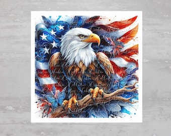 America USA Bald Eagle American Flag Fabric Panel A263, Craft Quilt Fabric, Quilt Sewing Block, Clothing Applique Panel, Junk Journal Fabric