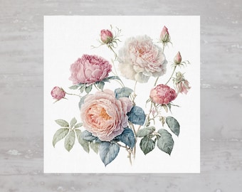 May include: A watercolor painting of a bouquet of pink and white roses with green leaves. The roses are in various stages of bloom, with some buds still closed.