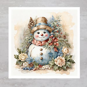 Cottagecore Blue Christmas Snowman Fabric Panel A459, Quilting Square, Quilt Sewing Block, Clothing Applique Panel Junk Journal Fabric