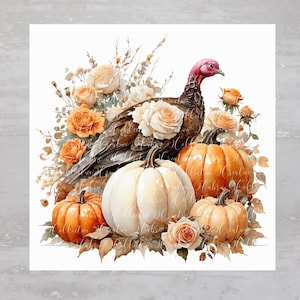 Turkey With Rose Floral Pumpkins Fall Fabric Panel A337, Quilting Square, Quilt Sewing Block, Clothing Applique Panel Junk Journal Fabric