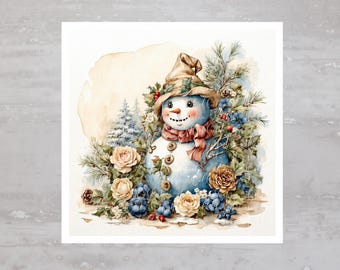 以下が含まれることがあります： 茶色の帽子とピンクのストールをつけた雪だるまの水彩画。白い花と青いベリーに囲まれている。