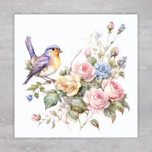 Floral Rose Cottage Bird On Branch Quilt Fabric Panel A133, Square Fabric Craft Sewing Quilt Block, Quilting Square, Clothing Applique Panel