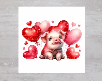 Cute Piggy With Valentines Hearts Fabric Panel A511, Quilting Square, Quilt Sewing Block, Clothing Applique, Panel Junk Journal Fabric