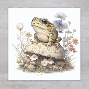 May include: A green and brown frog with large eyes sits on top of a white mushroom with brown spots. The frog is surrounded by a variety of pink, white, and blue flowers.