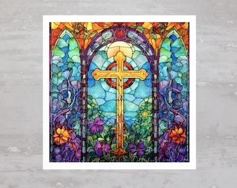 Church Stained Glass Cross Quilt Fabric Panel A226, Craft Quilt Fabric, Quilt Sewing Block, Clothing Applique Panel, Junk Journal Fabric