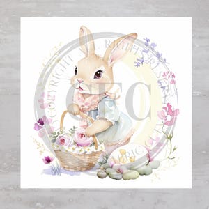 Cottage Easter Bunny with Basket Fabric Panel A708, Quilting Square, Quilt Sewing Block, Clothing Applique Pillow Panel Crafting Fabric