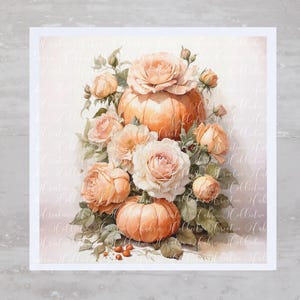 May include: A watercolor painting of a still life featuring a bouquet of peach-colored roses and two pumpkins. The pumpkins are stacked on top of each other and the roses are arranged around them.
