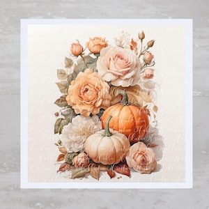 Romantic Rustic Chic Pumpkins And Roses Fabric Panel A193, Fabric Craft Sewing Quilt Block, Quilting Square, Clothing Applique Panel