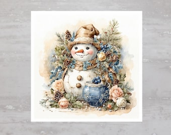 以下が含まれることがあります： 茶色の帽子とマフラーをつけた雪だるまの水彩画。冬の緑、花、青と白の陶器の鉢に囲まれている。