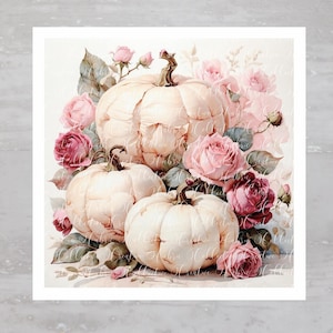 Shabby Fall Chic Roses & Pumpkins Fabric Panel A276, Craft Quilt Fabric, Quilt Sewing Block, Clothing Applique Panel, Junk Journal Fabric