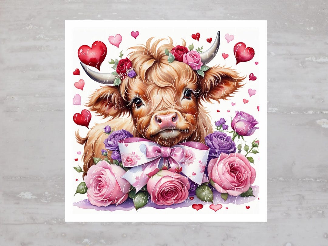 Cow Print Roses Chic Roses Hearts Bow Highland Cow Fabric Panel A565, Quilting Square ...