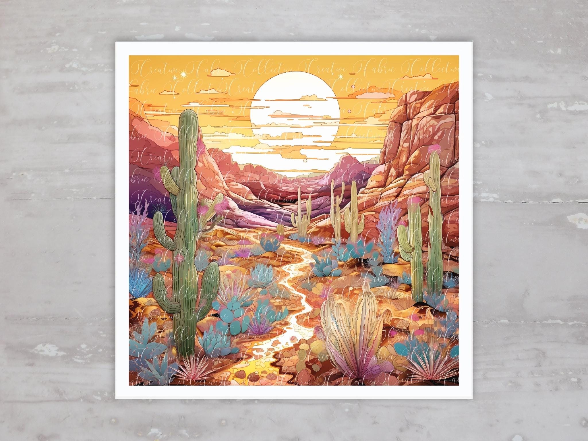 Mountain Desert Sunset Cactus Quilt Fabric Panel A130, Square Fabric Craft Sewing Quilt Block, Quilting Square, Clothing Applique Panel