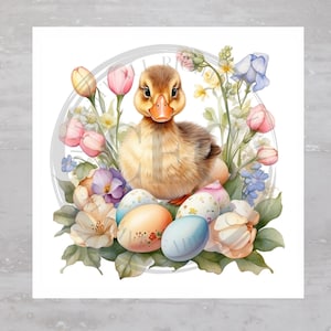 Pretty French Easter Floral Duckling Fabric Panel A687, Quilting Square, Quilt Sewing Block, Clothing Applique Pillow Panel Crafting Fabric