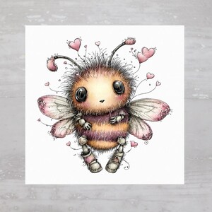 May include: A whimsical illustration of a cartoon bee with large, expressive eyes and a fuzzy body. The bee has pink-tinted wings and is surrounded by small pink hearts. The bee's body is striped with shades of brown and yellow.