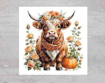 Pode incluir: Uma vaca Highland marrom e branca com uma coroa de flores laranja e brancas. A vaca está usando um cachecol xadrez e está cercada por rosas laranja.
