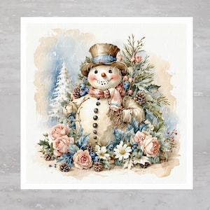 Cottage Blue Shabby Winter Snowman Fabric Panel A449, Quilting Square, Quilt Sewing Block, Clothing Applique Panel Junk Journal Fabric