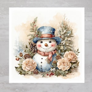 French Cottage Blue Top Hat Snowman Fabric Panel A450, Quilting Square, Quilt Sewing Block, Clothing Applique Panel Junk Journal Fabric