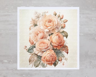 May include: A bouquet of peach-colored roses with green leaves and stems on a cream background.