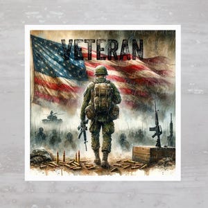 May include: A watercolor painting of a soldier walking away from a battlefield. The soldier is wearing a green uniform and carrying a rifle. The American flag is waving in the background. The text "VETERAN" is written in black letters across the top of the image.