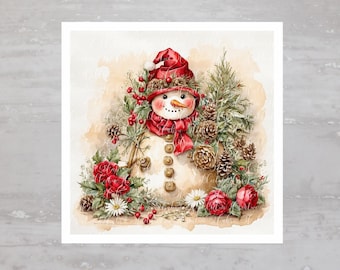 May include: A snowman with a red hat and scarf is surrounded by pine branches, red roses, and white daisies. The snowman has a carrot nose and black eyes.