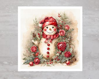 May include: A snowman wearing a red hat and scarf is surrounded by red roses and greenery. The snowman has a cheerful expression and is decorated with white buttons.