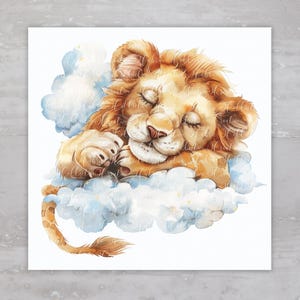May include: A watercolor illustration of a sleeping lion cub on a fluffy white cloud. The lion cub has closed eyes and a peaceful expression. The cloud is surrounded by a light blue sky.