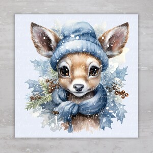 Winter Christmas Blue Beanie Reindeer Fabric Panel A176, Fabric Craft Sewing Quilt Block, Quilting Square, Clothing Applique Panel