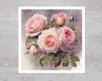 May include: A watercolor painting of a bouquet of pink roses with green leaves. The roses are in various stages of bloom, with some fully open and others still in bud.