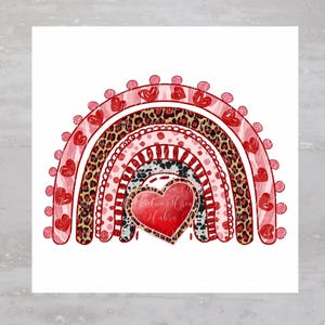 May include: A red, pink, and white rainbow with a large red heart in the center. The rainbow has a leopard print, polka dots, and stripes.