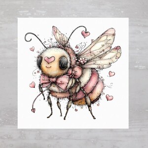 May include: A charming watercolour illustration of a bee with a heart-shaped face and a pink bow tie. The bee features a pink and white striped body, delicate wings, and is surrounded by small pink hearts. The artwork has a soft, watercolour-like quality.