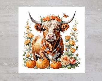Pode incluir: Uma vaca Highland marrom e branca com uma echarpe xadrez e uma coroa de rosas laranja. A vaca está cercada por rosas laranja e folhas verdes. Há uma borboleta acima da cabeça da vaca.