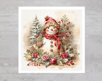 May include: A cheerful snowman with a red hat and scarf is surrounded by greenery, red berries, and pink roses. The snowman is standing in front of a small evergreen tree.