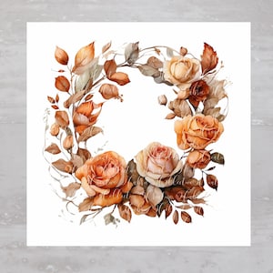 Cottagecore Fall Floral Rose Wreath Fabric Panel A274, Craft Quilt Fabric, Quilt Sewing Block, Clothing Applique Panel, Junk Journal Fabric