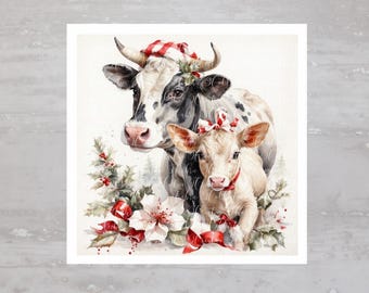 May include: A watercolor painting of a black and white cow wearing a red and white Santa hat with a smaller calf beside her. Both cows have red bows around their necks and are surrounded by holly and red ribbons.