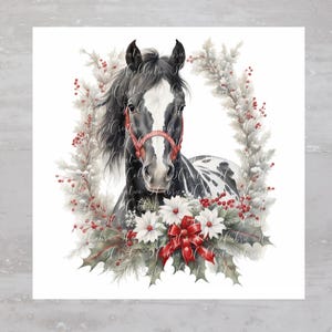 White Red Floral XMas Black Horse Fabric Panel A477, Quilting Square, Quilt Sewing Block, Clothing Applique Panel Junk Journal Fabric