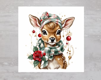 May include: A cute cartoon fawn wearing a green and red plaid hat and scarf with a red rose and gold ornaments hanging from its ears.