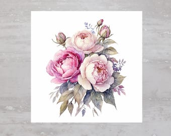 May include: A watercolor painting of a bouquet of pink and white roses with green leaves and purple accents.