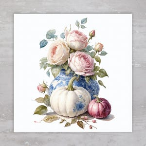 French Country Fall Floral Pumpkin Quilt Fabric Panel A134, Square Fabric Craft Sewing Quilt Block, Quilting Square, Clothing Applique Panel
