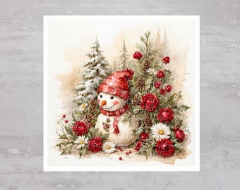 May include: A watercolor painting of a snowman wearing a red hat and scarf surrounded by red and white flowers and greenery.